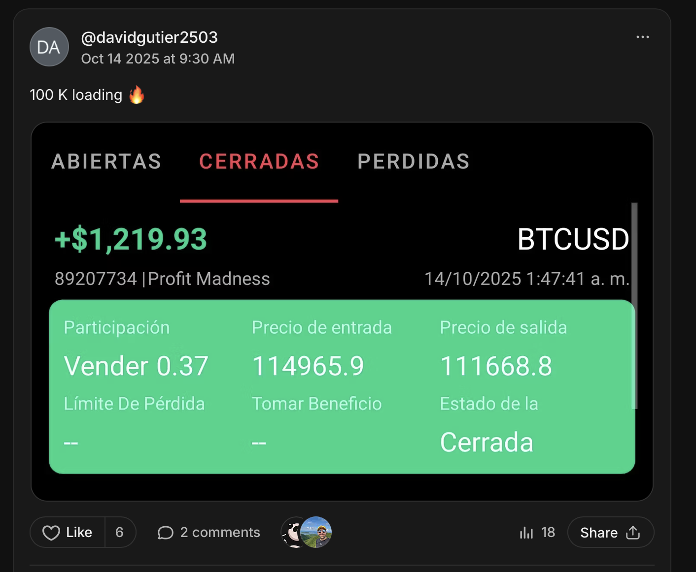 Captura de testimonio con resultados reales de trading de Profit Engine