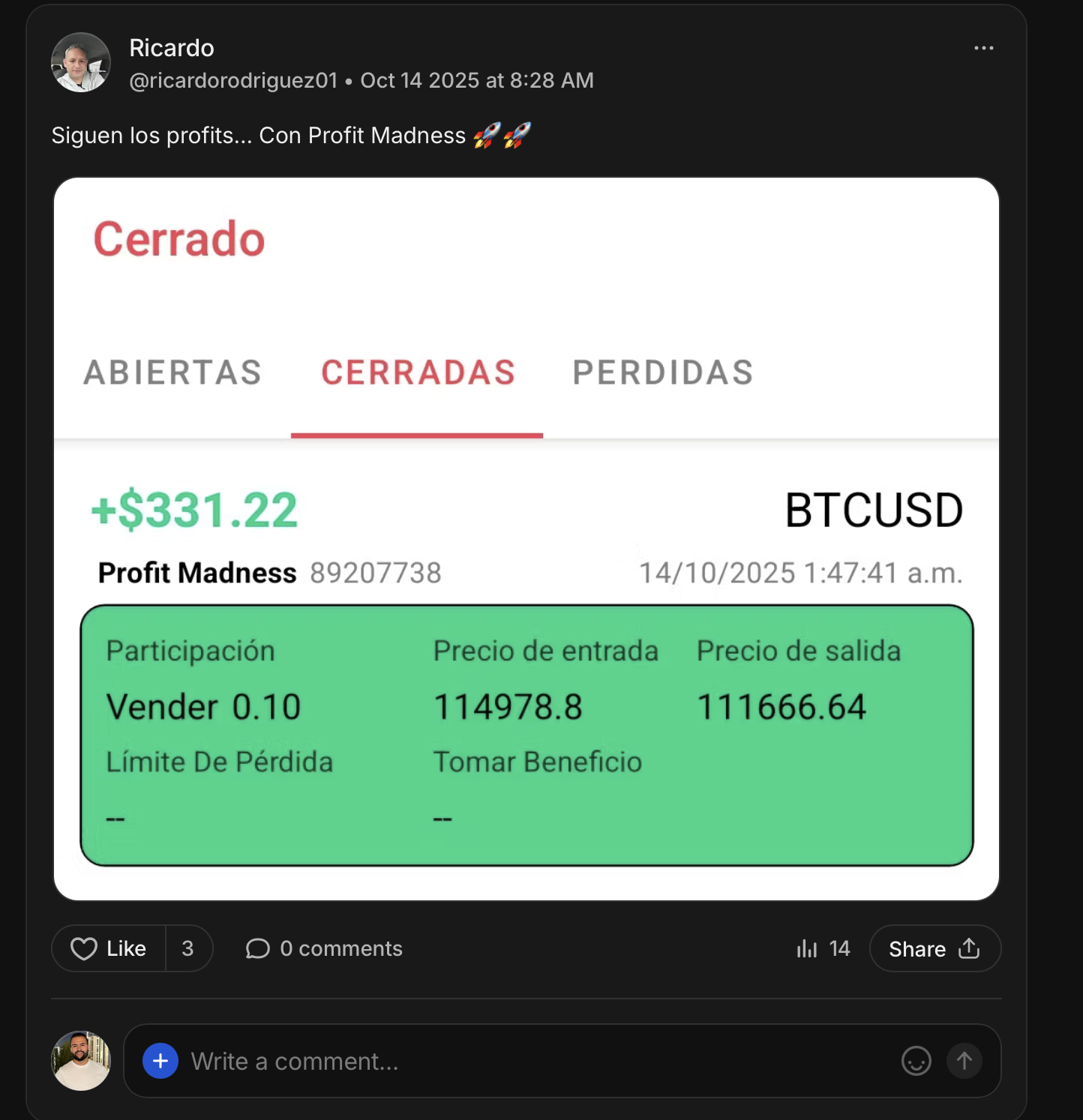 Imagen testimonial con resultados de trading reales de usuarios de Profit Engine